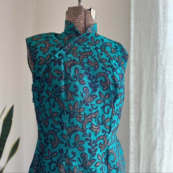 Vintage women’s Medium Dress Teal Brocade Sleeveless Dress Mandarin Collar - Picture 3 of 4